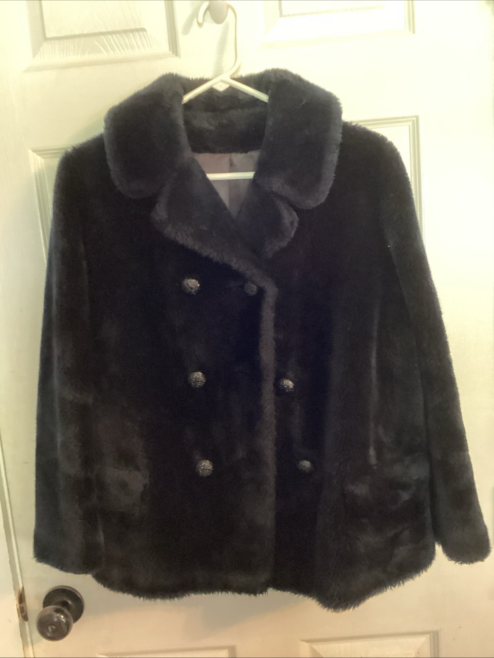 Classic Vintage Black Faux Fur Double-Breasted Coat